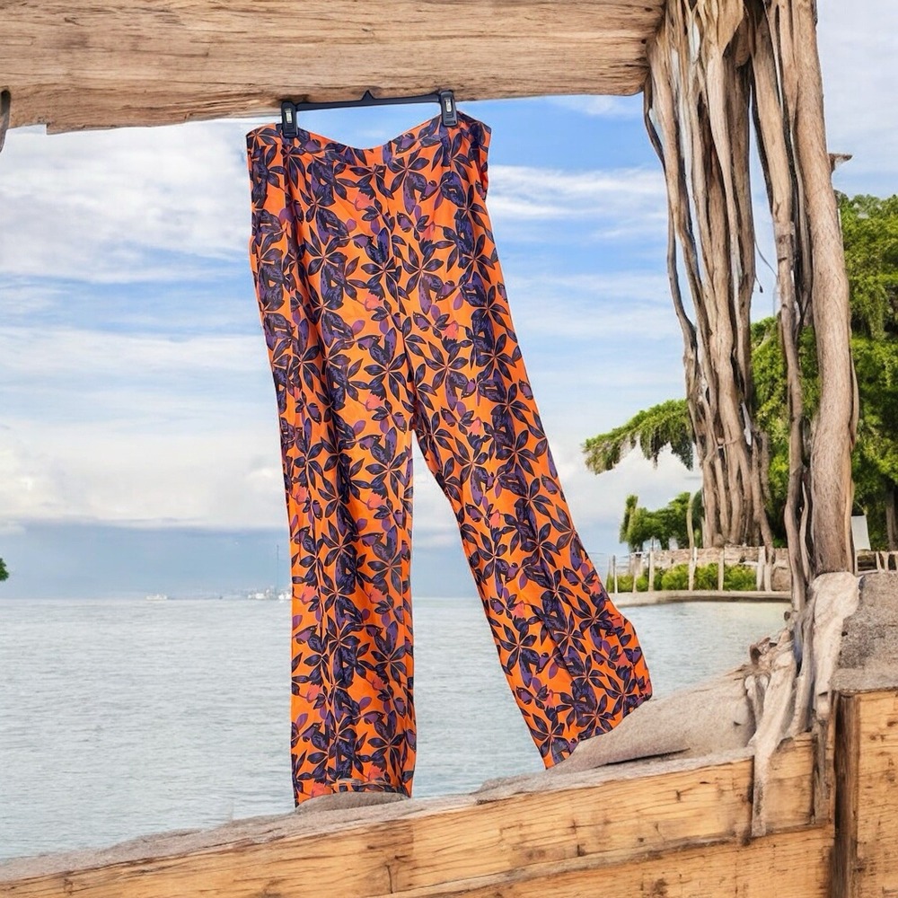 PrettyLittleThing Pants Size 16 US Orange Multi Leaves Print Sheer Beach Flares